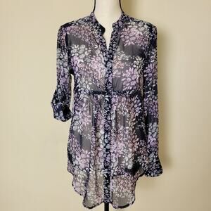 Express Floral Top Womens Size Small Henley Neck Long Sleeve Sheer Longline Boho